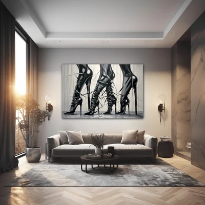 Wall Art titled: Heels and Leather in a  format with: Black and White, and Monochromatic Colors; Decoration the Living Room wall
