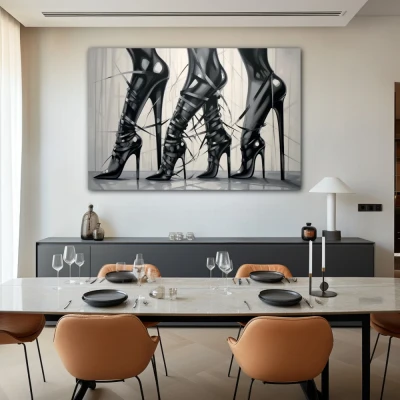 Cuadro Tacones y cuero en formato horizontal con colores Blanco y negro, Monocromático; Decorando pared de Salón comedor