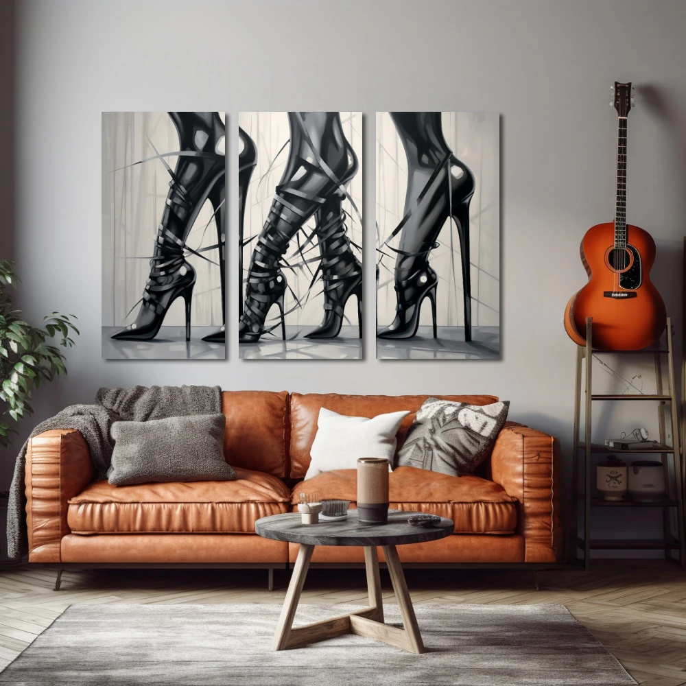 Wall Art titled: Heels and Leather in a Horizontal format with: Black and White, and Monochromatic Colors; Decoration the Living Room wall