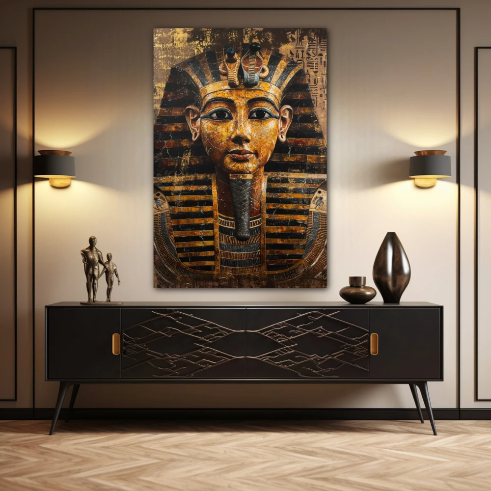 Wall Art titled: Mysteries of Tutankhamun in a Vertical format with: Golden, and Brown Colors; Decoration the Sideboard wall
