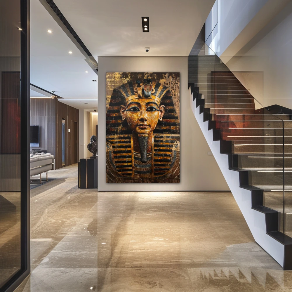 Wall Art titled: Mysteries of Tutankhamun in a Vertical format with: Golden, and Brown Colors; Decoration the Staircase wall