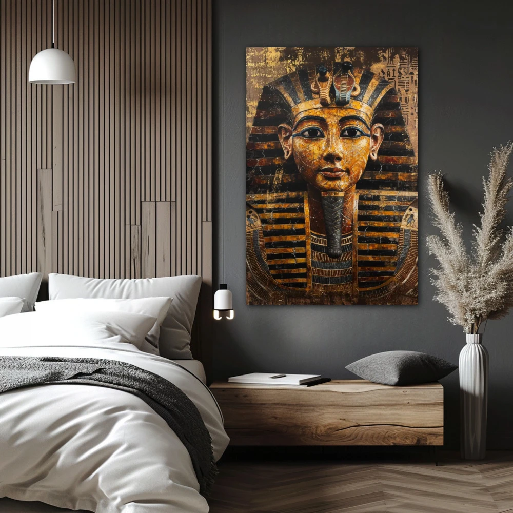 Cuadro misterios de tutankamón en formato vertical con colores dorado, marrón; decorando pared de habitación dormitorio