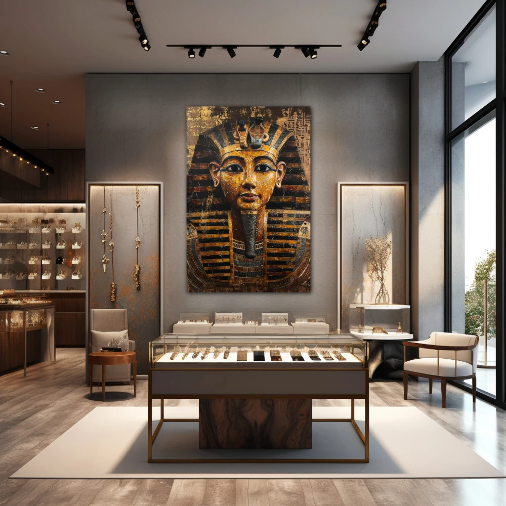 Wall Art titled: Mysteries of Tutankhamun in a Vertical format with: Golden, and Brown Colors; Decoration the Jewellery wall