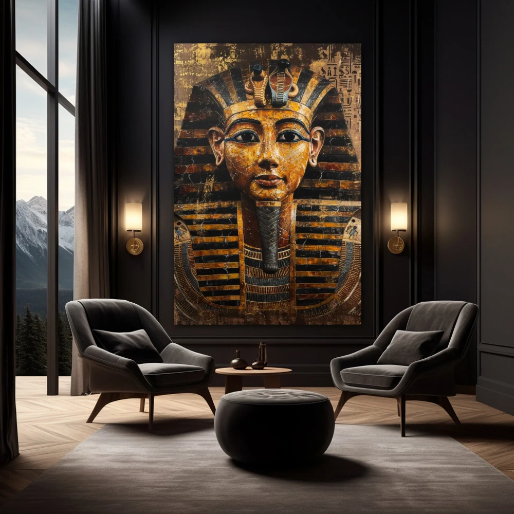 Cuadro misterios de tutankamón en formato vertical con colores dorado, marrón; decorando pared negra