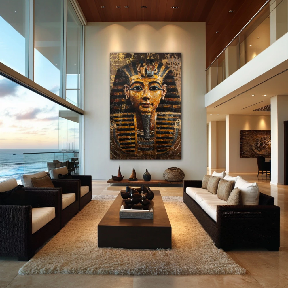 Wall Art titled: Mysteries of Tutankhamun in a Vertical format with: Golden, and Brown Colors; Decoration the Living Room wall