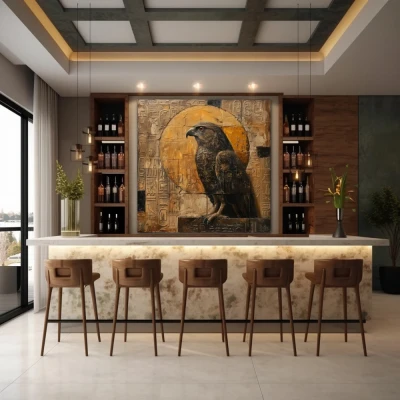 Wall Art titled: Guardian of Horus in a Square format with: Golden, and Brown Colors; Decoration the Bar wall