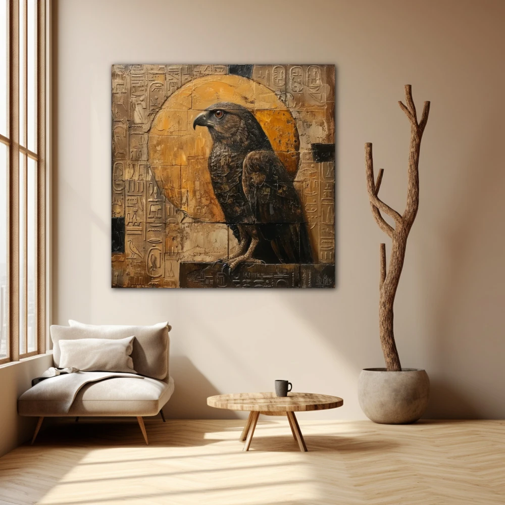 Wall Art titled: Guardian of Horus in a Square format with: Golden, and Brown Colors; Decoration the Beige Wall wall