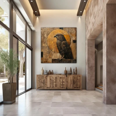 Wall Art titled: Guardian of Horus in a Square format with: Golden, and Brown Colors; Decoration the Entryway wall