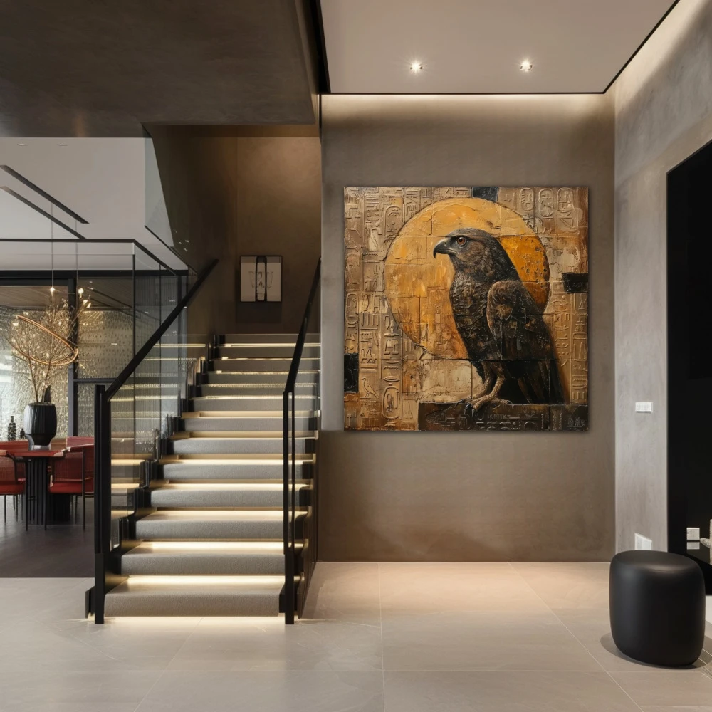 Wall Art titled: Guardian of Horus in a Square format with: Golden, and Brown Colors; Decoration the Staircase wall