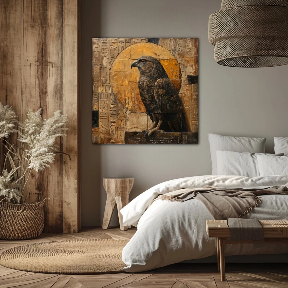 Wall Art titled: Guardian of Horus in a Square format with: Golden, and Brown Colors; Decoration the Bedroom wall