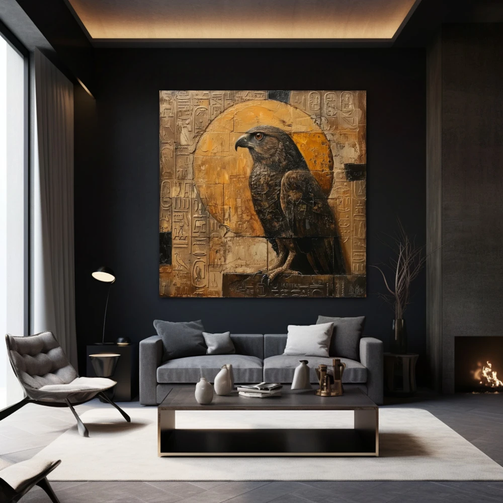 Wall Art titled: Guardian of Horus in a Square format with: Golden, and Brown Colors; Decoration the Black Walls wall