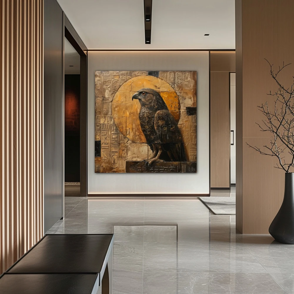 Cuadro custodio de horus en formato cuadrado con colores dorado, marrón; decorando pared de pasillo
