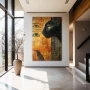 Wall Art titled: Glances of Eternity in a Vertical format with: Golden, Orange, and Black Colors; Decoration the Entryway wall