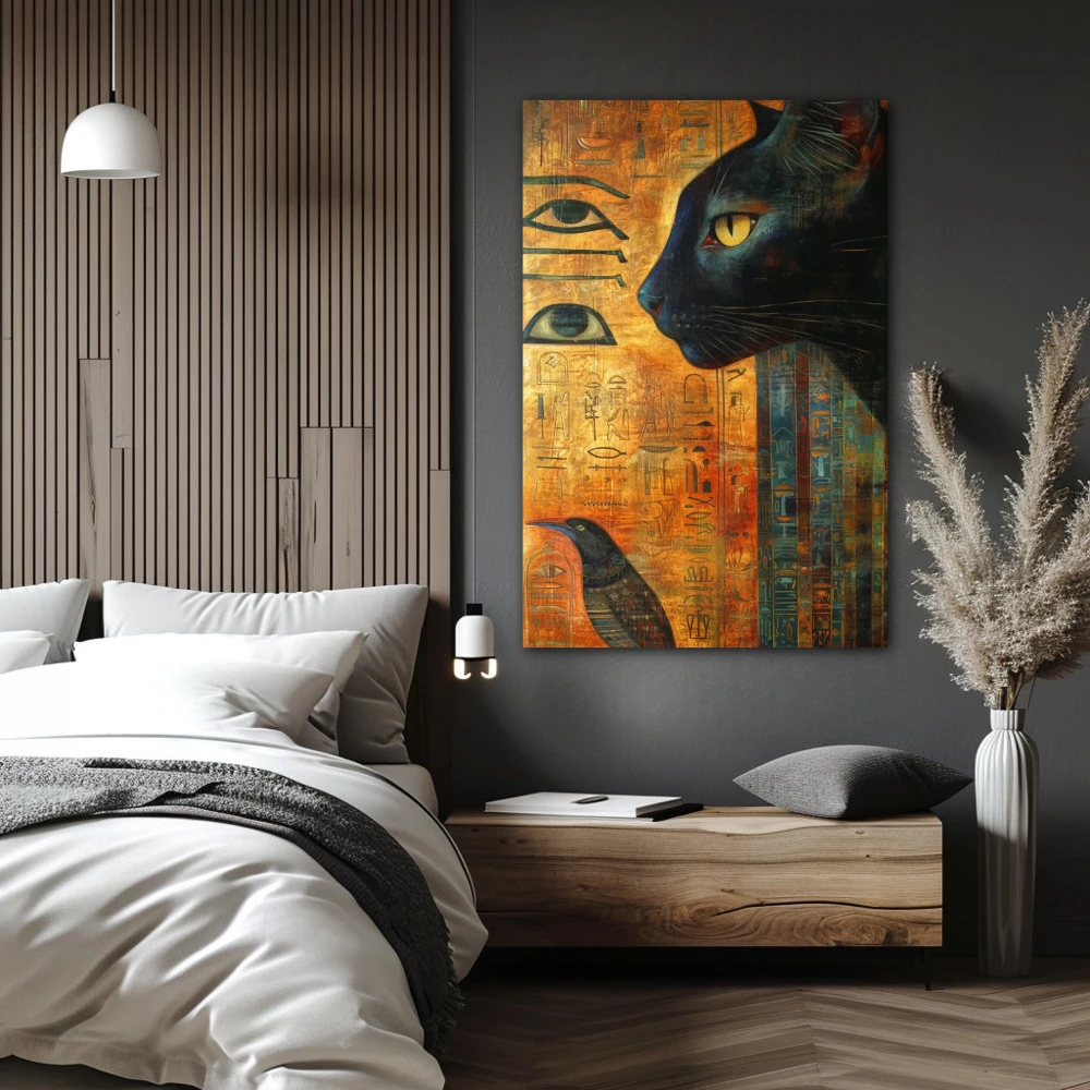 Wall Art titled: Glances of Eternity in a Vertical format with: Golden, Orange, and Black Colors; Decoration the Bedroom wall