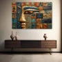 Wall Art titled: The Language of the Gods in a Horizontal format with: Blue, Golden, and Orange Colors; Decoration the Sideboard wall