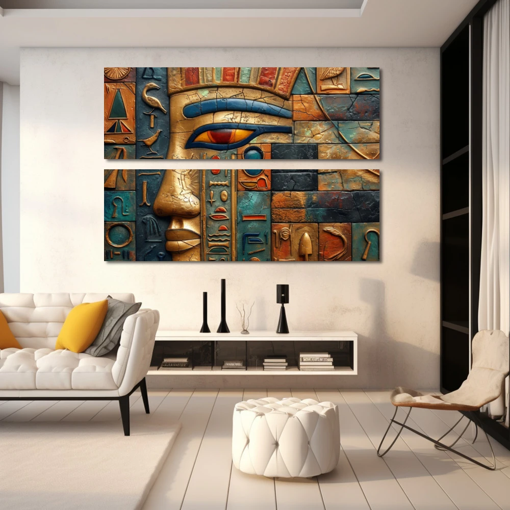 Wall Art titled: The Language of the Gods in a Horizontal format with: Blue, Golden, and Orange Colors; Decoration the White Wall wall