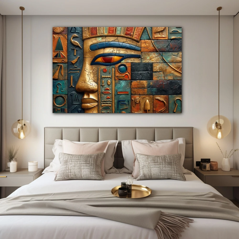 Wall Art titled: The Language of the Gods in a Horizontal format with: Blue, Golden, and Orange Colors; Decoration the Bedroom wall
