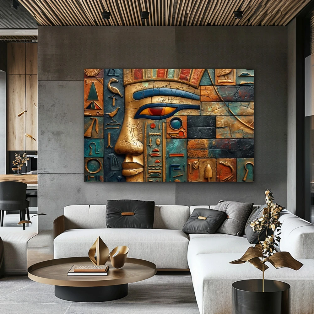 Wall Art titled: The Language of the Gods in a Horizontal format with: Blue, Golden, and Orange Colors; Decoration the Living Room wall