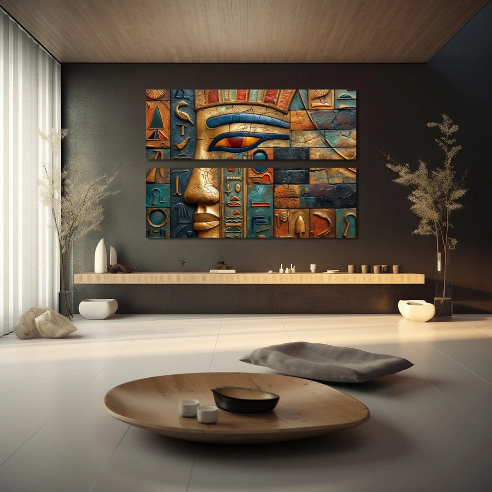 Wall Art titled: The Language of the Gods in a Horizontal format with: Blue, Golden, and Orange Colors; Decoration the Wellbeing wall