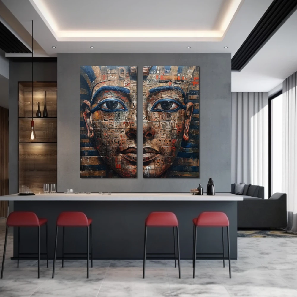 Wall Art titled: The Encoded Pharaoh in a Square format with: Blue, and Brown Colors; Decoration the Bar wall