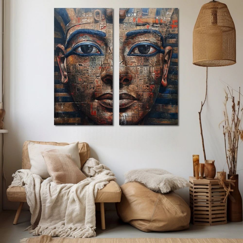 Cuadro el faraón codificado en formato díptico con colores azul, marrón; decorando pared beige