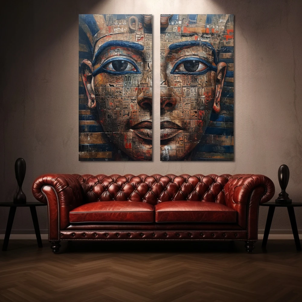 Cuadro el faraón codificado en formato díptico con colores azul, marrón; decorando pared de encima del sofá