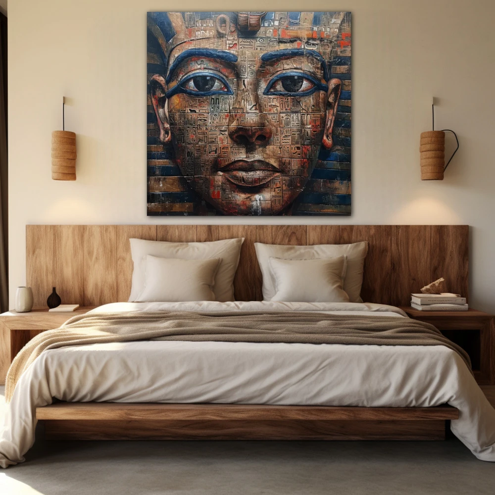 Cuadro el faraón codificado en formato cuadrado con colores azul, marrón; decorando pared de habitación dormitorio