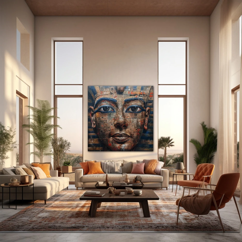 Wall Art titled: The Encoded Pharaoh in a Square format with: Blue, and Brown Colors; Decoration the Living Room wall