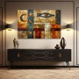 Wall Art titled: Codes of the Nile in a Horizontal format with: Blue, Golden, and Orange Colors; Decoration the Sideboard wall