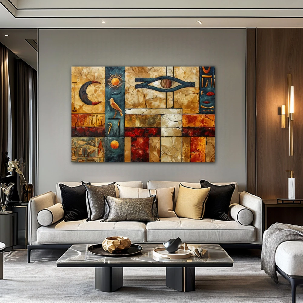 Wall Art titled: Codes of the Nile in a Horizontal format with: Blue, Golden, and Orange Colors; Decoration the Living Room wall