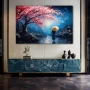 Wall Art titled: Under the Blossoming Cherry Tree in a Horizontal format with: Blue, Red, and Pink Colors; Decoration the Sideboard wall