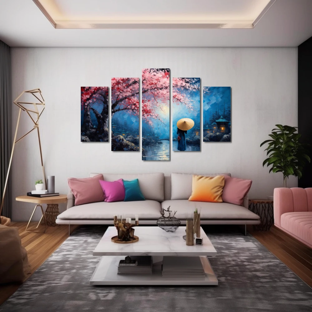 Wall Art titled: Under the Blossoming Cherry Tree in a Horizontal format with: Blue, Red, and Pink Colors; Decoration the Above Couch wall