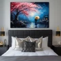 Wall Art titled: Under the Blossoming Cherry Tree in a Horizontal format with: Blue, Red, and Pink Colors; Decoration the Bedroom wall