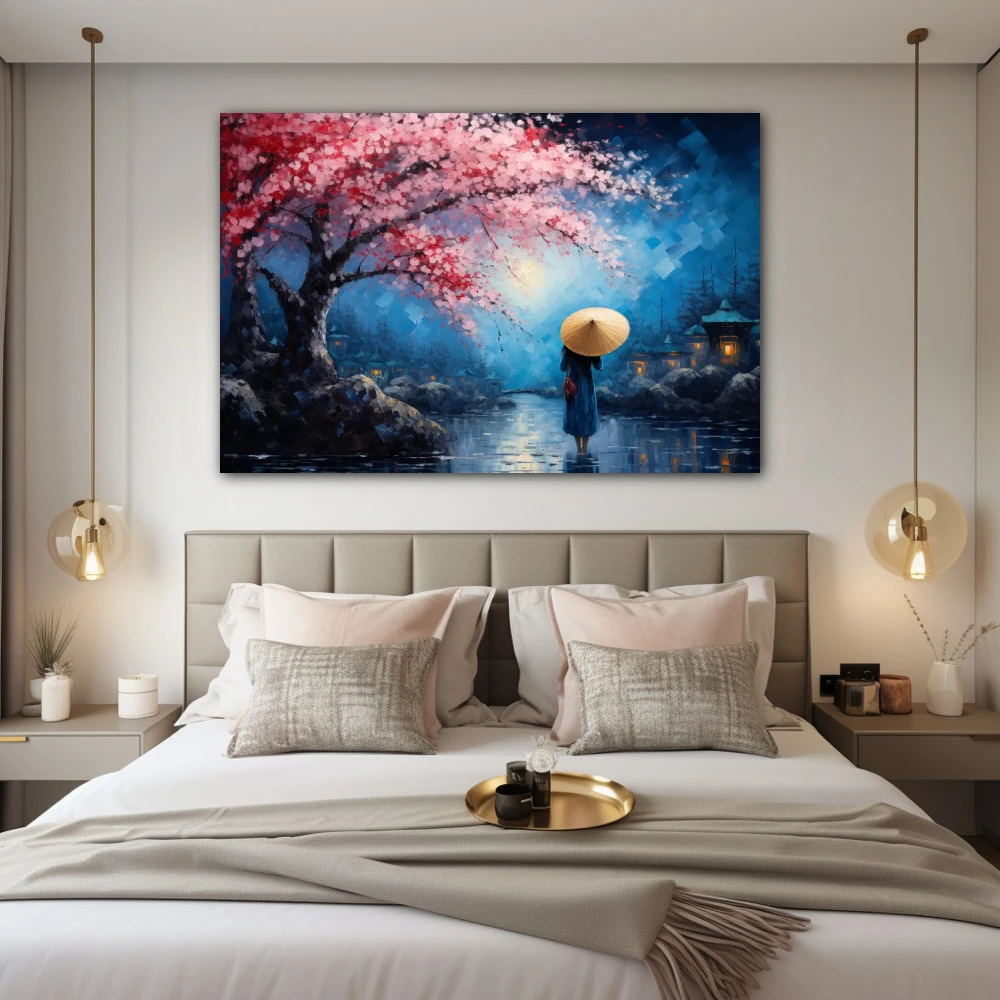 Cuadro bajo el cerezo en flor en formato horizontal con colores azul, rojo, rosa; decorando pared de habitación dormitorio