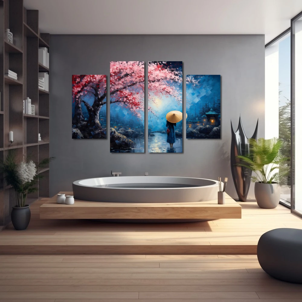 Wall Art titled: Under the Blossoming Cherry Tree in a Horizontal format with: Blue, Red, and Pink Colors; Decoration the Wellbeing wall