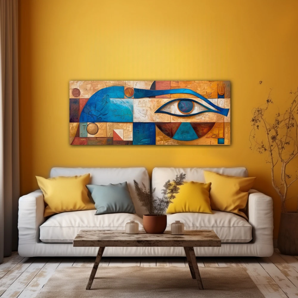 Cuadro vigía de horus en formato apaisado con colores azul, naranja, beige; decorando pared amarilla