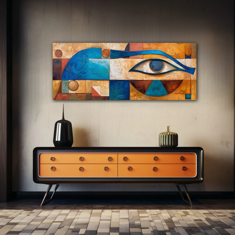 Cuadro vigía de horus en formato apaisado con colores azul, naranja, beige; decorando pared de aparador
