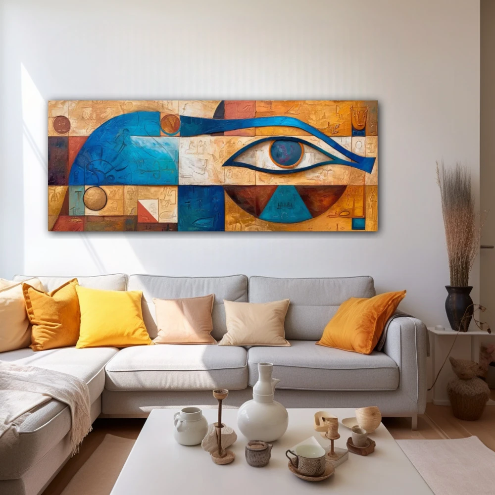 Wall Art titled: Watcher of Horus in a Elongated format with: Blue, Orange, and Beige Colors; Decoration the White Wall wall