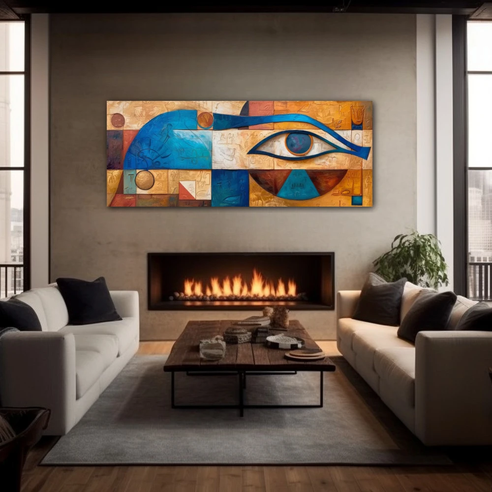Wall Art titled: Watcher of Horus in a Elongated format with: Blue, Orange, and Beige Colors; Decoration the Fireplace wall