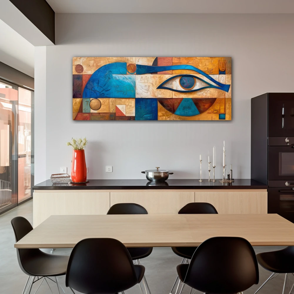 Cuadro vigía de horus en formato apaisado con colores azul, naranja, beige; decorando pared de cocina