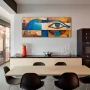 Wall Art titled: Watcher of Horus in a Elongated format with: Blue, Orange, and Beige Colors; Decoration the Kitchen wall