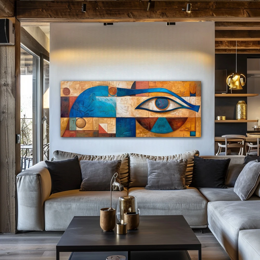 Wall Art titled: Watcher of Horus in a Elongated format with: Blue, Orange, and Beige Colors; Decoration the Above Couch wall