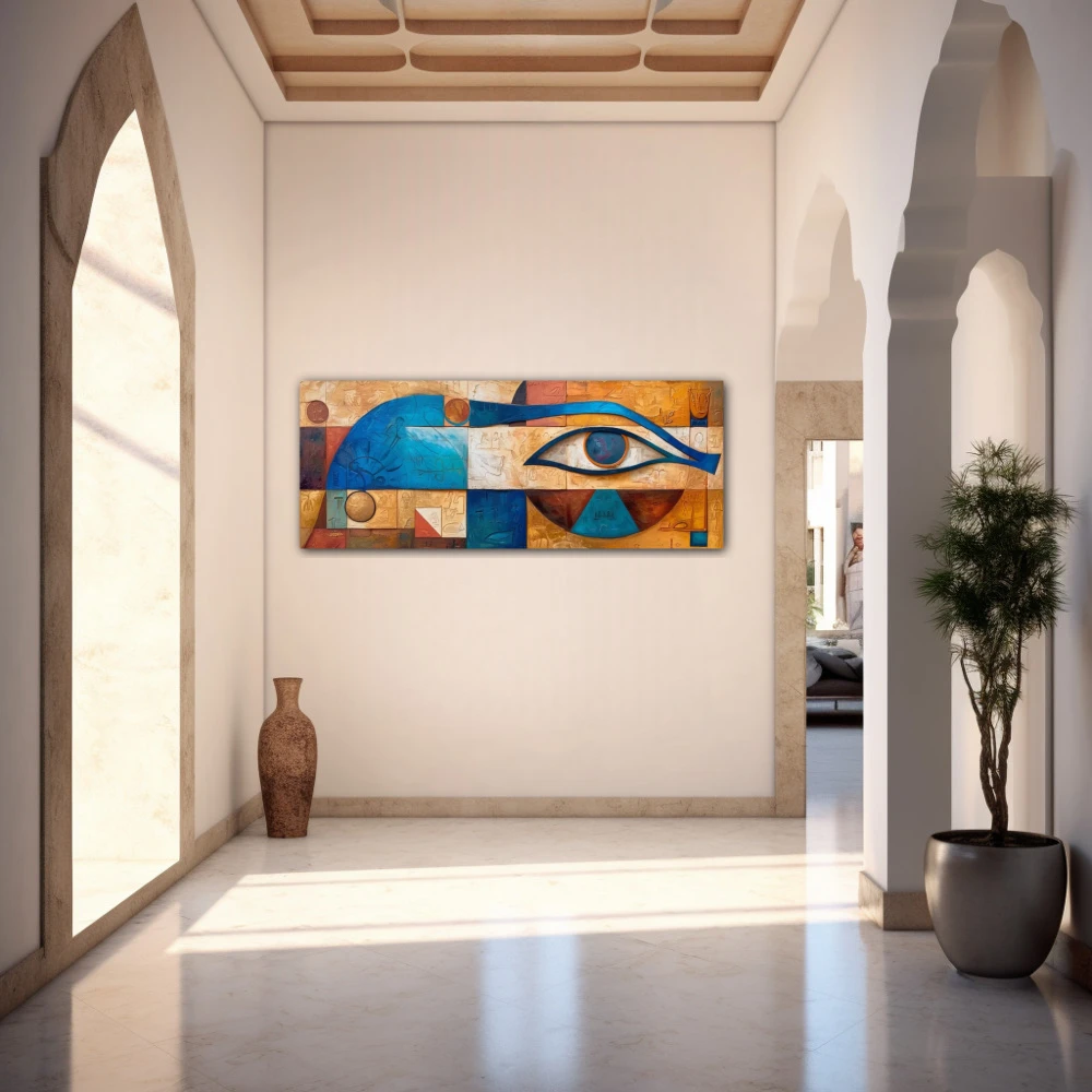Cuadro vigía de horus en formato apaisado con colores azul, naranja, beige; decorando pared de entrada y recibidor