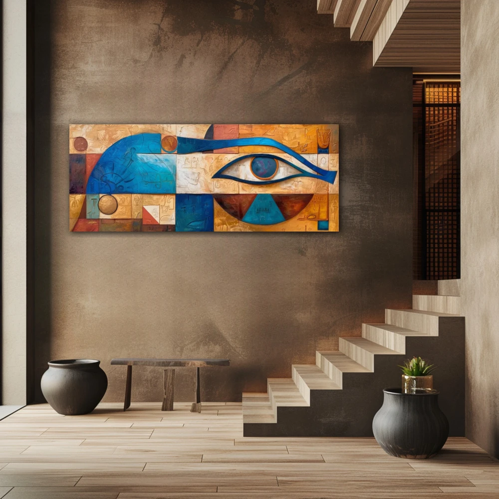 Cuadro vigía de horus en formato apaisado con colores azul, naranja, beige; decorando pared de escalera