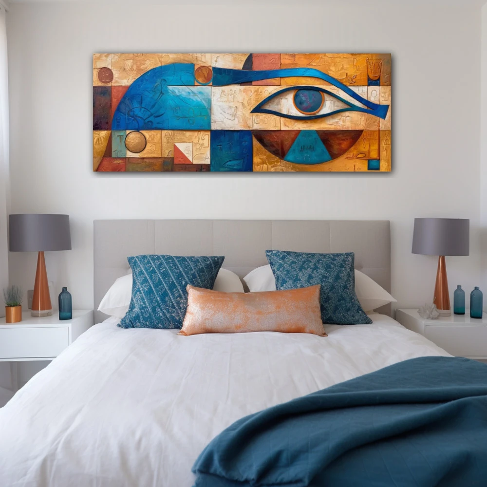 Cuadro vigía de horus en formato apaisado con colores azul, naranja, beige; decorando pared de habitación dormitorio