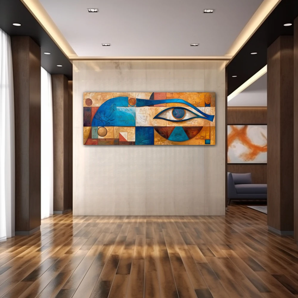 Wall Art titled: Watcher of Horus in a Elongated format with: Blue, Orange, and Beige Colors; Decoration the Hallway wall