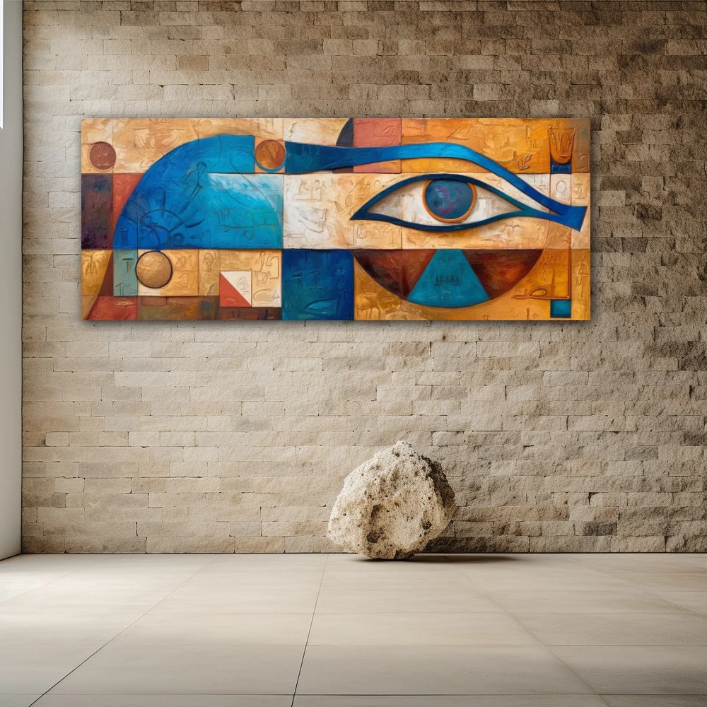 Cuadro vigía de horus en formato apaisado con colores azul, naranja, beige; decorando pared piedra