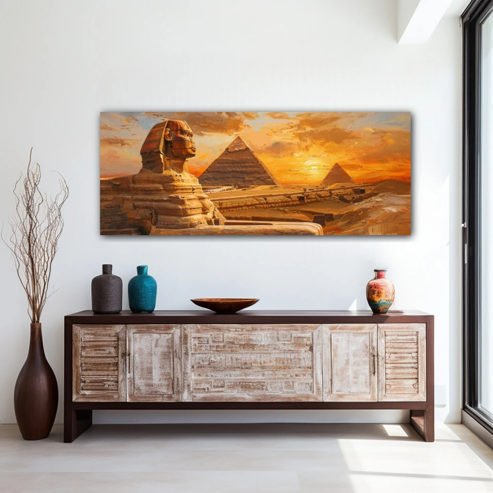 Wall Art titled: The Contemplative Sphinx in a Elongated format with: Brown, Orange, and Monochromatic Colors; Decoration the Entryway wall