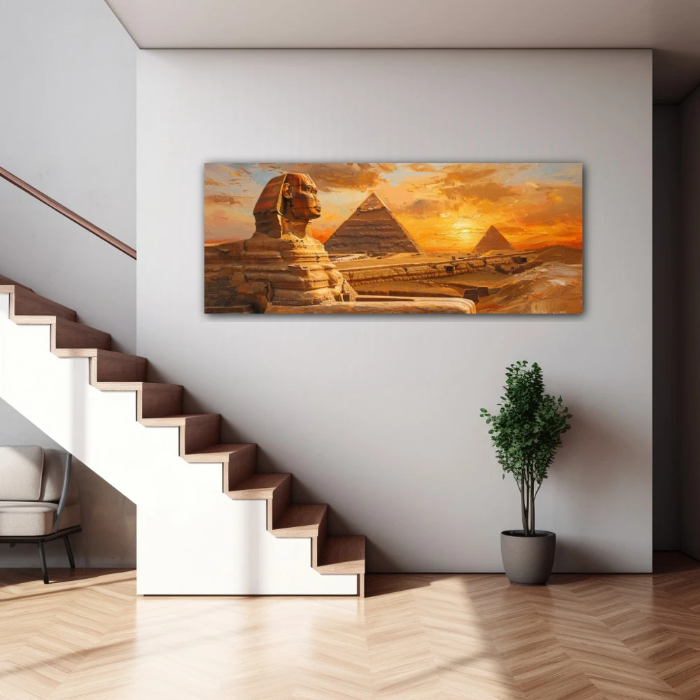 Cuadro la esfinge contemplativa en formato apaisado con colores marrón, naranja, monocromático; decorando pared de escalera