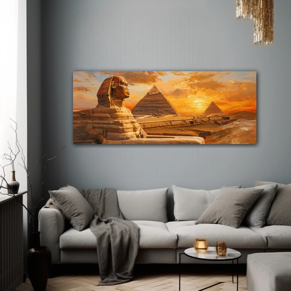 Wall Art titled: The Contemplative Sphinx in a Elongated format with: Brown, Orange, and Monochromatic Colors; Decoration the Grey Walls wall